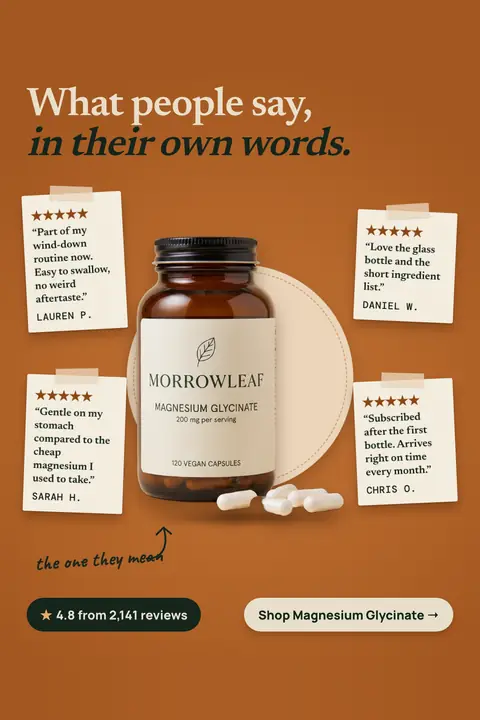 Burnt orange Morrowleaf ad: 'What people say, in their own words.' with four taped paper notes of five-star quotes around an amber bottle of Magnesium Glycinate, 4.8 from 2,141 reviews, and a 'Shop Magnesium Glycinate' button. Shown here in the 2:3 Pinterest size.