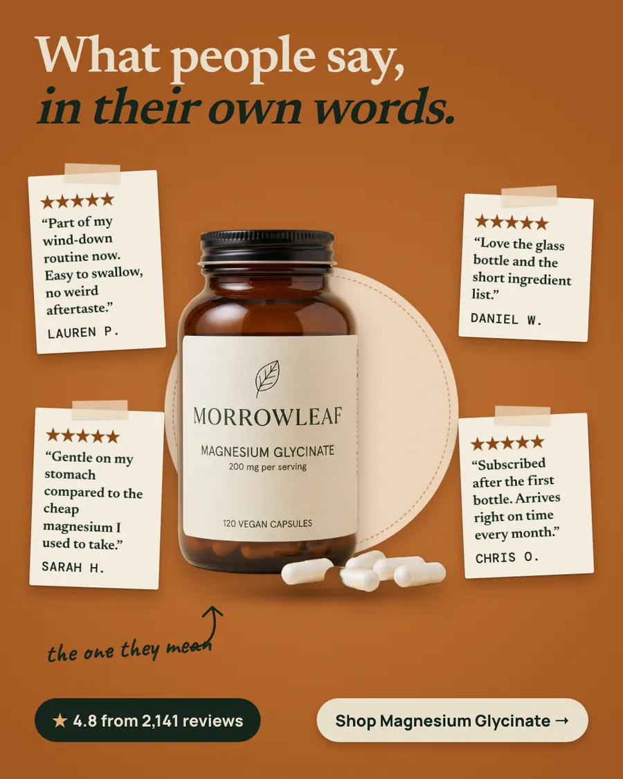 Burnt orange Morrowleaf ad: 'What people say, in their own words.' with four taped paper notes of five-star quotes around an amber bottle of Magnesium Glycinate, 4.8 from 2,141 reviews, and a 'Shop Magnesium Glycinate' button.
