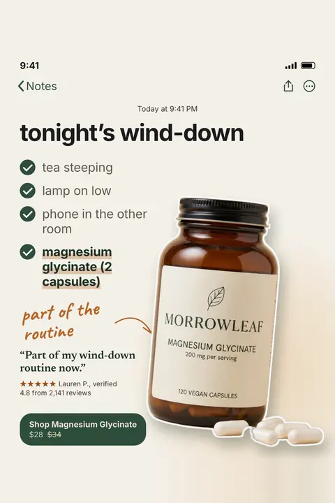 Cream Morrowleaf ad styled as a phone note: 'tonight's wind-down' with four checked items, the last one highlighted: magnesium glycinate (2 capsules). A bottle photo, a quote from Lauren P., 4.8 from 2,141 reviews and a $28 button sit nearby. Shown here in the 2:3 Pinterest size.