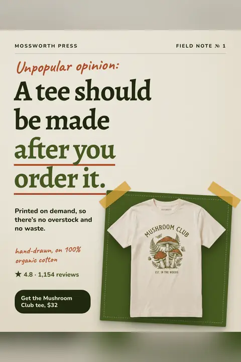 Cream Mossworth Press ad: 'Unpopular opinion: A tee should be made after you order it.' with 'after you order it' underlined in red. A natural Mushroom Club tee sits on a taped green card, with 4.8 from 1,154 reviews and a 'Get the Mushroom Club tee, $32' button. Shown here in the 2:3 Pinterest size.