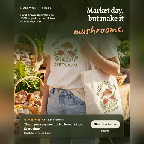 Dark green Mossworth Press ad: 'Market day, but make it mushrooms.' over a photo of a person in a natural Mushroom Club tee holding a matching tote at a mushroom stall, with a 4.8 rating, 1,154 reviews, a buyer quote, $32.00 and a 'Shop the tee' button. The 1:1 version.