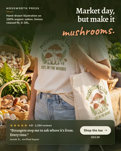 Dark green Mossworth Press ad: 'Market day, but make it mushrooms.' over a photo of a person in a natural Mushroom Club tee holding a matching tote at a mushroom stall, with a 4.8 rating, 1,154 reviews, a buyer quote, $32.00 and a 'Shop the tee' button. The 4:5 version.