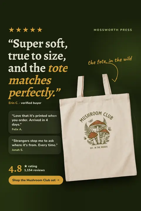Dark green Mossworth Press ad: '“Super soft, true to size, and the tote matches perfectly.”' from Erin C., verified buyer, with two shorter reviews, a 4.8 rating from 1,154 reviews, a tote bag photo and a 'Shop the Mushroom Club set' button. Shown here in the 2:3 Pinterest size.