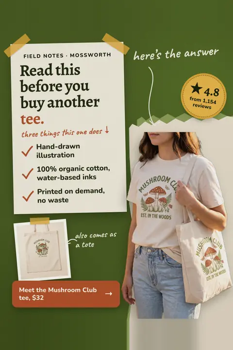 Green Mossworth Press ad: 'Read this before you buy another tee.' on a taped paper note with a three-point checklist, a 4.8 from 1,154 reviews badge, a woman in the Mushroom Club tee with a tote, and a 'Meet the Mushroom Club tee, $32' button. Shown here in the 2:3 Pinterest size.