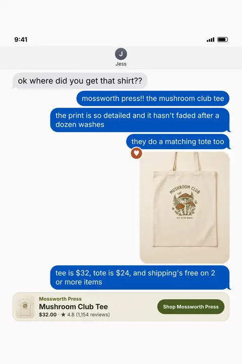 Light off-white Mossworth Press ad in a text message layout: 'ok where did you get that shirt??' followed by blue reply bubbles about the Mushroom Club tee, a tote bag photo, $32 tee, $24 tote, and a 'Shop Mossworth Press' button. Shown here in the 2:3 Pinterest size.