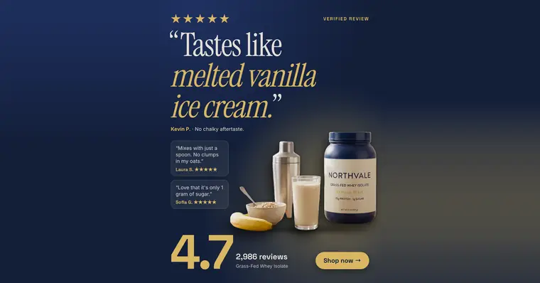 Dark navy Northvale Nutrition ad: '“Tastes like melted vanilla ice cream.”' under five gold stars, with two smaller review quotes, a tub of Vanilla Bean whey isolate beside a shaker, a glass, oats and a banana, 4.7 from 2,986 reviews and a 'Shop now' button. The 1.91:1 version.