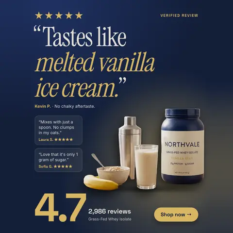 Dark navy Northvale Nutrition ad: '“Tastes like melted vanilla ice cream.”' under five gold stars, with two smaller review quotes, a tub of Vanilla Bean whey isolate beside a shaker, a glass, oats and a banana, 4.7 from 2,986 reviews and a 'Shop now' button. The 1:1 version.