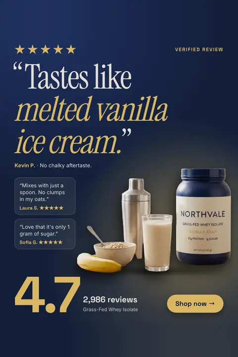 Dark navy Northvale Nutrition ad: '“Tastes like melted vanilla ice cream.”' under five gold stars, with two smaller review quotes, a tub of Vanilla Bean whey isolate beside a shaker, a glass, oats and a banana, 4.7 from 2,986 reviews and a 'Shop now' button. Shown here in the 2:3 Pinterest size.