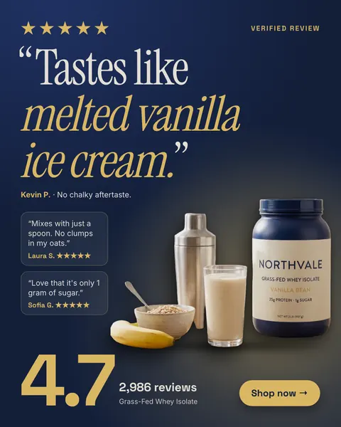 Dark navy Northvale Nutrition ad: '“Tastes like melted vanilla ice cream.”' under five gold stars, with two smaller review quotes, a tub of Vanilla Bean whey isolate beside a shaker, a glass, oats and a banana, 4.7 from 2,986 reviews and a 'Shop now' button. The 4:5 version.