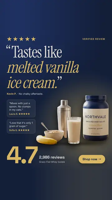 Dark navy Northvale Nutrition ad: '“Tastes like melted vanilla ice cream.”' under five gold stars, with two smaller review quotes, a tub of Vanilla Bean whey isolate beside a shaker, a glass, oats and a banana, 4.7 from 2,986 reviews and a 'Shop now' button. The 9:16 version.