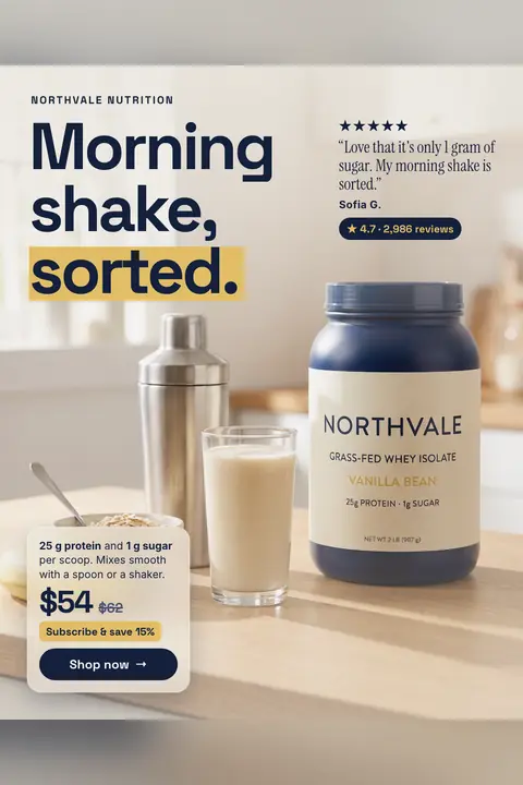 Soft cream kitchen Northvale Nutrition ad: 'Morning shake, sorted.' with 'sorted.' highlighted in yellow, beside a navy tub of Vanilla Bean whey isolate, a full shake glass, a steel shaker, a 5-star quote, 4.7 from 2,986 reviews, $54 and a 'Shop now' button. Shown here in the 2:3 Pinterest size.