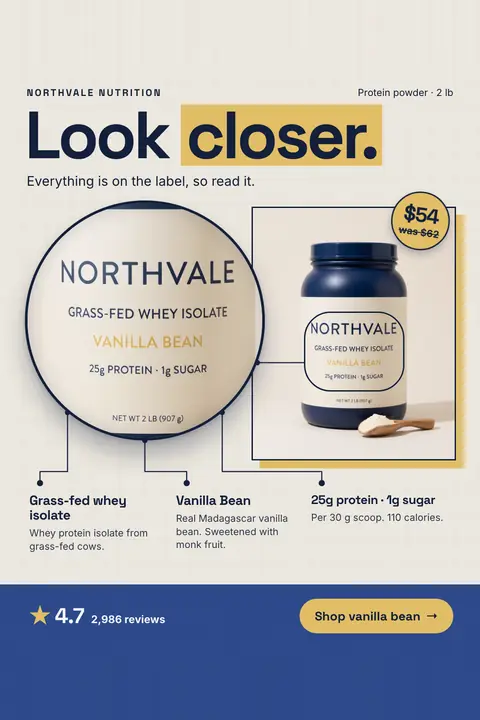 Cream Northvale Nutrition ad: 'Look closer.' with a magnified circle of the jar label (grass-fed whey isolate, vanilla bean, 25g protein, 1g sugar) linked to the blue jar, a $54 was $62 badge, 4.7 from 2,986 reviews and a 'Shop vanilla bean' button. Shown here in the 2:3 Pinterest size.