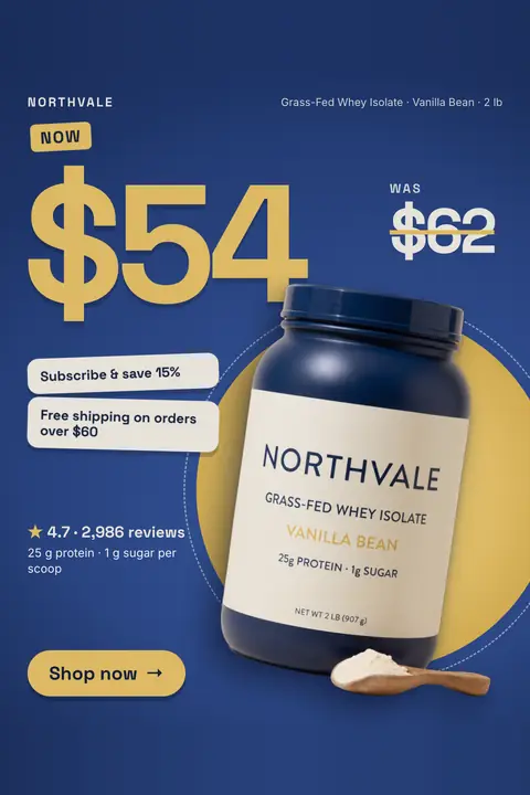 Deep blue Northvale Nutrition ad: 'Now $54. Was $62.' with a large gold $54, the old $62 crossed out, 'Subscribe & save 15%' and free shipping over $60 tags, 4.7 from 2,986 reviews, a tub photo with a scoop of powder and a 'Shop now' button. Shown here in the 2:3 Pinterest size.