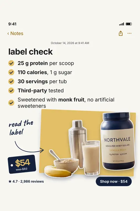 Off-white phone Notes screen, Northvale Nutrition ad: 'label check' above a five-item checklist (25 g protein, 110 calories, 30 servings, third-party tested, monk fruit). A navy tub of whey, a shaker and a smoothie sit on yellow, with a $54 tag, was $62. Shown here in the 2:3 Pinterest size.