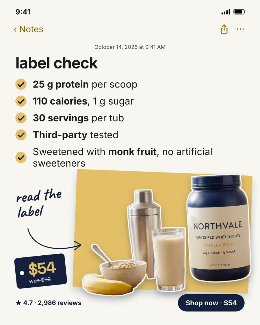 Off-white phone Notes screen, Northvale Nutrition ad: 'label check' above a five-item checklist (25 g protein, 110 calories, 30 servings, third-party tested, monk fruit). A navy tub of whey, a shaker and a smoothie sit on yellow, with a $54 tag, was $62.