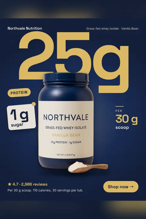 Dark navy Northvale Nutrition ad: '25g protein. 1 g sugar.' with a huge gold 25g above a tub of Grass-Fed Whey Isolate, Vanilla Bean, a wooden scoop of powder, a 1 g sugar card, 'per 30 g scoop', 4.7 from 2,986 reviews and a 'Shop now' button. Shown here in the 2:3 Pinterest size.