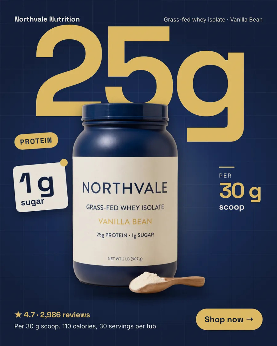 Dark navy Northvale Nutrition ad: '25g protein. 1 g sugar.' with a huge gold 25g above a tub of Grass-Fed Whey Isolate, Vanilla Bean, a wooden scoop of powder, a 1 g sugar card, 'per 30 g scoop', 4.7 from 2,986 reviews and a 'Shop now' button.