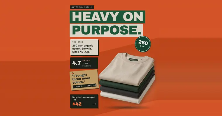 Orange Oatfield Supply ad: 'HEAVY ON PURPOSE.' in green and cream blocks, with a stack of four folded tees in oat, green, charcoal and white, a 260 GSM badge, 4.7 from 2,318 reviews, a quote, and a $42 shop button. The 1.91:1 version.