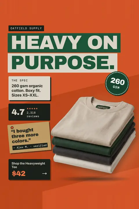 Orange Oatfield Supply ad: 'HEAVY ON PURPOSE.' in green and cream blocks, with a stack of four folded tees in oat, green, charcoal and white, a 260 GSM badge, 4.7 from 2,318 reviews, a quote, and a $42 shop button. Shown here in the 2:3 Pinterest size.