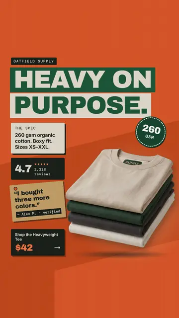 Orange Oatfield Supply ad: 'HEAVY ON PURPOSE.' in green and cream blocks, with a stack of four folded tees in oat, green, charcoal and white, a 260 GSM badge, 4.7 from 2,318 reviews, a quote, and a $42 shop button. The 9:16 version.