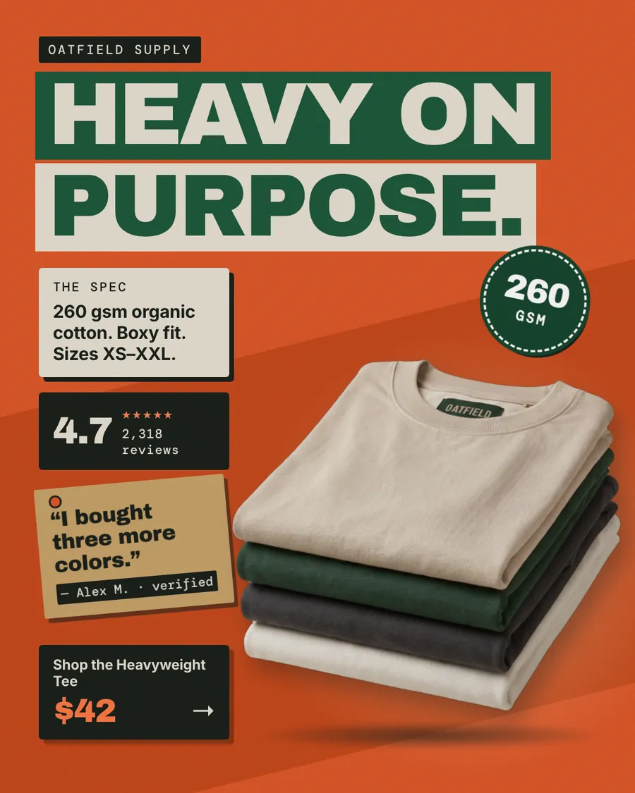 Orange Oatfield Supply ad: 'HEAVY ON PURPOSE.' in green and cream blocks, with a stack of four folded tees in oat, green, charcoal and white, a 260 GSM badge, 4.7 from 2,318 reviews, a quote, and a $42 shop button.