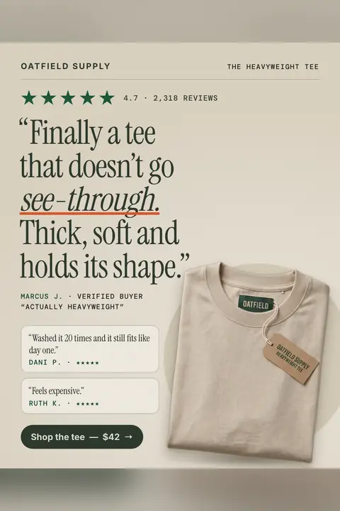 Beige Oatfield Supply ad: 'Finally a tee that doesn't go see-through. Thick, soft and holds its shape.' with five green stars, 4.7 from 2,318 reviews, two short reviews, a folded oat tee with a hang tag, and a 'Shop the tee, $42' button. Shown here in the 2:3 Pinterest size.