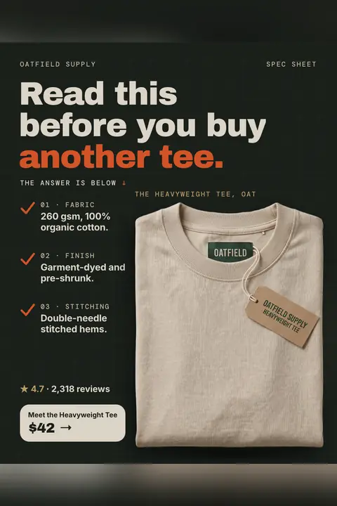Dark green-black Oatfield Supply ad: 'Read this before you buy another tee.' with three checkmarked specs (260 gsm organic cotton, garment-dyed and pre-shrunk, double-needle hems), a folded oat tee with a hang tag, 4.7 from 2,318 reviews and a $42 button. Shown here in the 2:3 Pinterest size.
