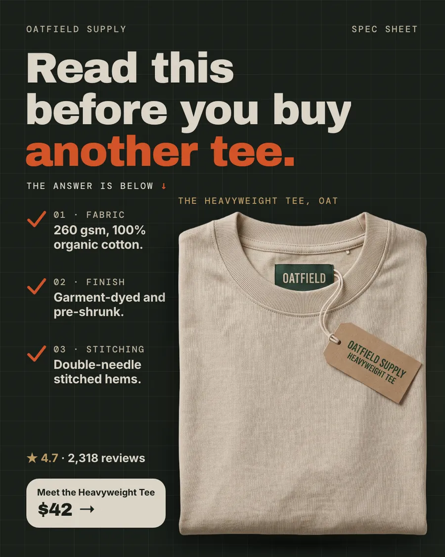 Dark green-black Oatfield Supply ad: 'Read this before you buy another tee.' with three checkmarked specs (260 gsm organic cotton, garment-dyed and pre-shrunk, double-needle hems), a folded oat tee with a hang tag, 4.7 from 2,318 reviews and a $42 button.