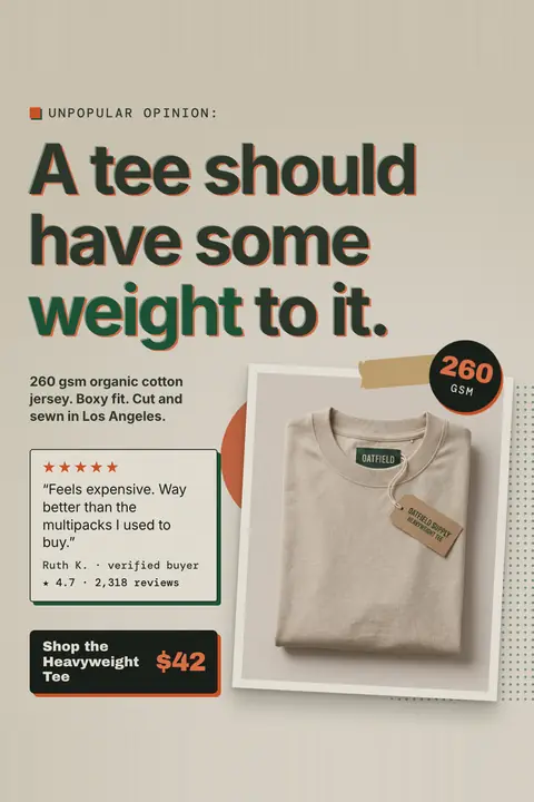 Beige Oatfield Supply ad: 'A tee should have some weight to it.' under an 'Unpopular opinion' label, with a taped photo of a folded oat tee, a 260 GSM badge, a 5-star review quote, and a 'Shop the Heavyweight Tee $42' button. Shown here in the 2:3 Pinterest size.