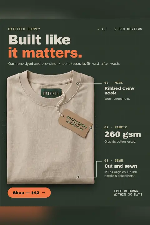 Dark green Oatfield Supply ad: 'Built like it matters.' above a folded oat-colored heavyweight tee with a hang tag, three numbered callouts (ribbed crew neck, 260 gsm organic cotton jersey, cut and sewn in Los Angeles), 4.7 stars and a 'Shop, $42' button. Shown here in the 2:3 Pinterest size.