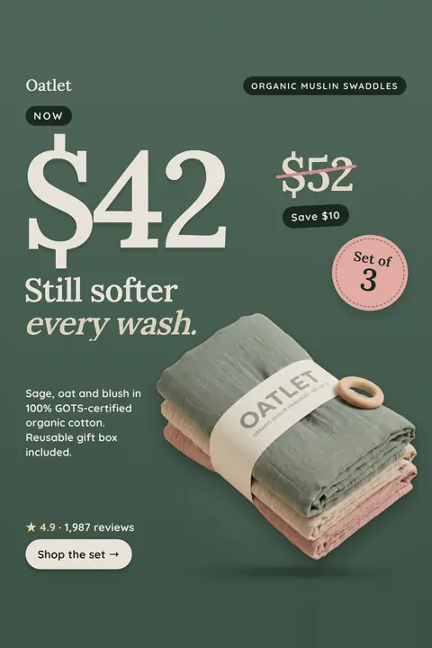 Dark green Oatlet ad: 'Now $42. Still softer every wash.' with a huge $42, a crossed-out $52, a Save $10 tag, a pink Set of 3 sticker, a photo of three folded swaddles in sage, oat and blush, 4.9 from 1,987 reviews and a 'Shop the set' button. Shown here in the 2:3 Pinterest size.