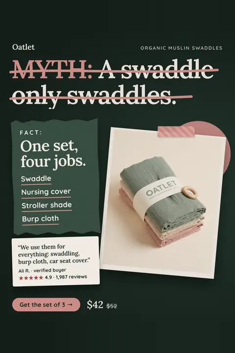 Dark green Oatlet ad: 'MYTH: A swaddle only swaddles.' struck through in pink, then 'FACT: One set, four jobs.' with a list of four uses, a photo of folded green, cream and pink muslin swaddles, a review quote, 4.9 stars, and a 'Get the set of 3' button at $42. Shown here in the 2:3 Pinterest size.