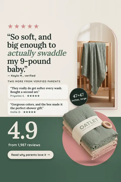 Cream and green Oatlet ad: 'So soft, and big enough to actually swaddle my 9-pound baby.' with five pink stars, two more review cards, a green swaddle draped on a crib, a 47x47 inches sticker, 4.9 from 1,987 reviews and a 'Read why parents love it' button. Shown here in the 2:3 Pinterest size.