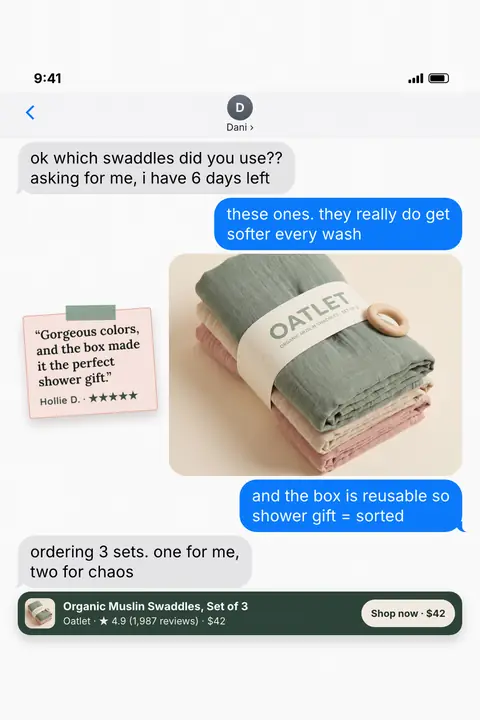 Off-white iMessage-style Oatlet ad: 'ok which swaddles did you use??' in a text thread with Dani, a photo of three folded muslin swaddles in sage, cream and pink, a sticky-note review, and a 'Shop now · $42' bar. Shown here in the 2:3 Pinterest size.