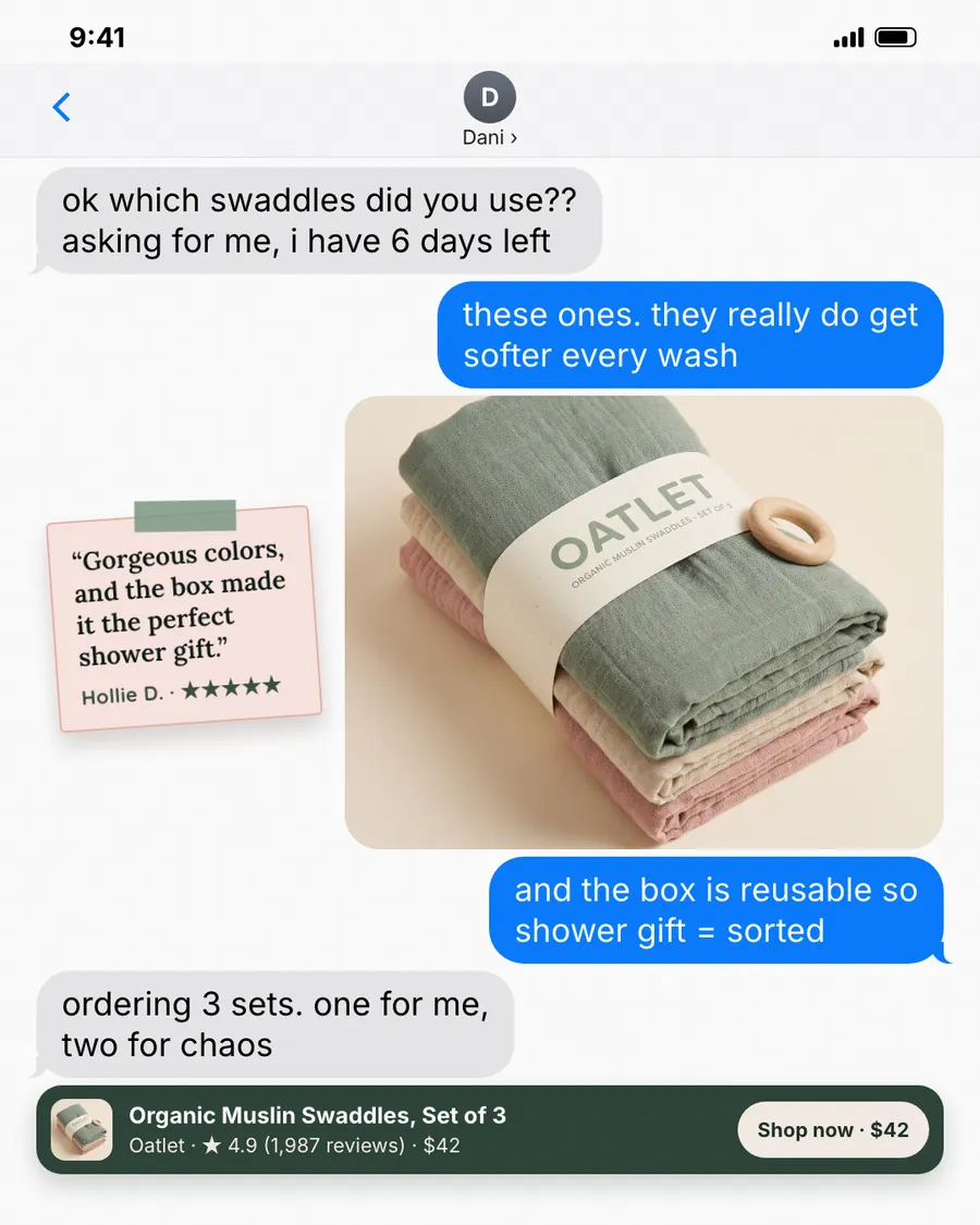 Off-white iMessage-style Oatlet ad: 'ok which swaddles did you use??' in a text thread with Dani, a photo of three folded muslin swaddles in sage, cream and pink, a sticky-note review, and a 'Shop now · $42' bar.