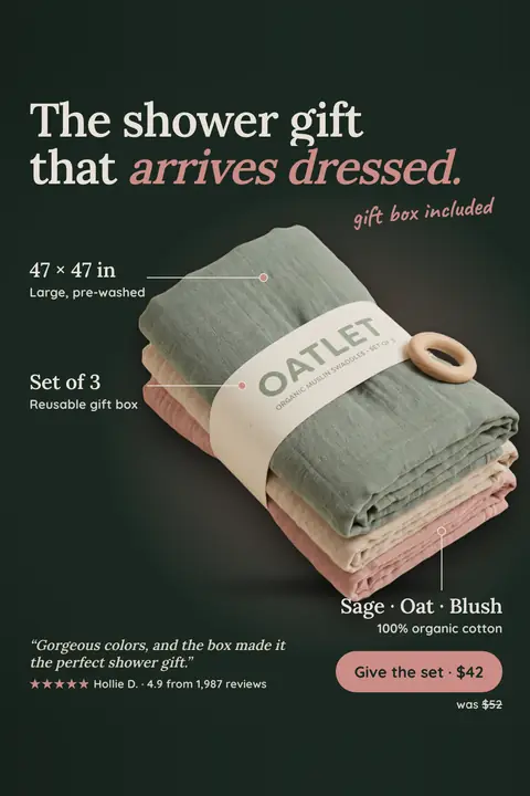 Dark green Oatlet ad: 'The shower gift that arrives dressed.' with a stack of three folded muslin swaddles in sage, oat and blush under a paper band, labeled 47 × 47 in, set of 3, and a 'Give the set · $42' button. Shown here in the 2:3 Pinterest size.