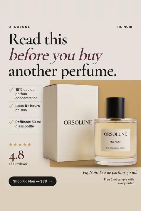 Warm cream Orsolune ad: 'Read this before you buy another perfume.' with three checkmarked facts (18% eau de parfum, lasts 8+ hours, refillable 50 ml glass bottle), a cream box and bottle on a gold block, 4.8 stars, and a 'Shop Fig Noir, $88' button. Shown here in the 2:3 Pinterest size.
