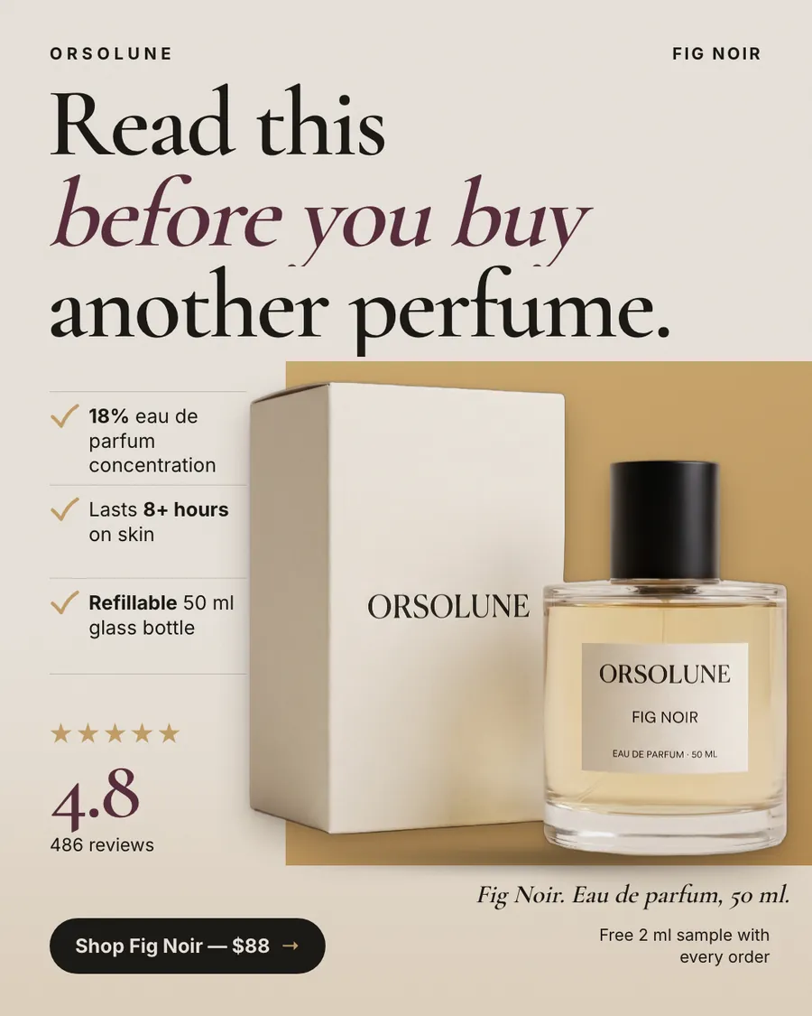 Warm cream Orsolune ad: 'Read this before you buy another perfume.' with three checkmarked facts (18% eau de parfum, lasts 8+ hours, refillable 50 ml glass bottle), a cream box and bottle on a gold block, 4.8 stars, and a 'Shop Fig Noir, $88' button.