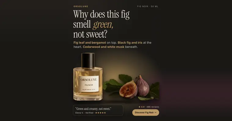 Dark brown Orsolune ad: 'Why does this fig smell green, not sweet?' with a line of scent notes, a Fig Noir 50 ml bottle beside a halved fig and leaves, a quote from Elena V., 4.8 from 486 reviews and a 'Discover Fig Noir' button. The 1.91:1 version.