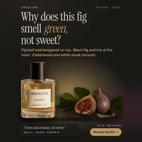 Dark brown Orsolune ad: 'Why does this fig smell green, not sweet?' with a line of scent notes, a Fig Noir 50 ml bottle beside a halved fig and leaves, a quote from Elena V., 4.8 from 486 reviews and a 'Discover Fig Noir' button. The 1:1 version.