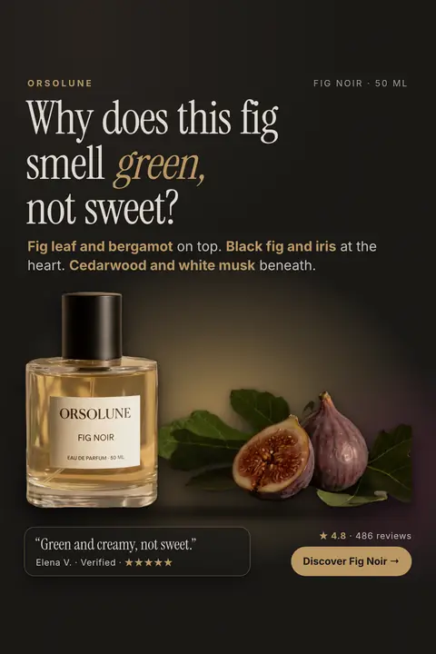 Dark brown Orsolune ad: 'Why does this fig smell green, not sweet?' with a line of scent notes, a Fig Noir 50 ml bottle beside a halved fig and leaves, a quote from Elena V., 4.8 from 486 reviews and a 'Discover Fig Noir' button. Shown here in the 2:3 Pinterest size.