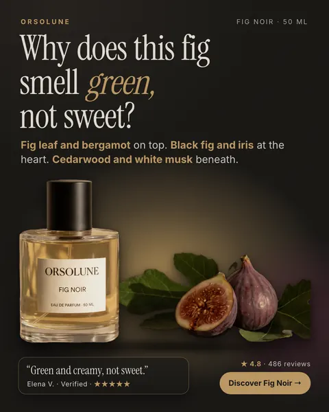 Dark brown Orsolune ad: 'Why does this fig smell green, not sweet?' with a line of scent notes, a Fig Noir 50 ml bottle beside a halved fig and leaves, a quote from Elena V., 4.8 from 486 reviews and a 'Discover Fig Noir' button. The 4:5 version.