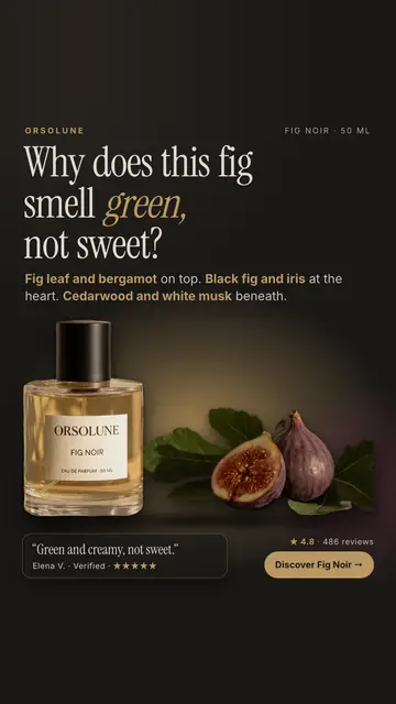 Dark brown Orsolune ad: 'Why does this fig smell green, not sweet?' with a line of scent notes, a Fig Noir 50 ml bottle beside a halved fig and leaves, a quote from Elena V., 4.8 from 486 reviews and a 'Discover Fig Noir' button. The 9:16 version.