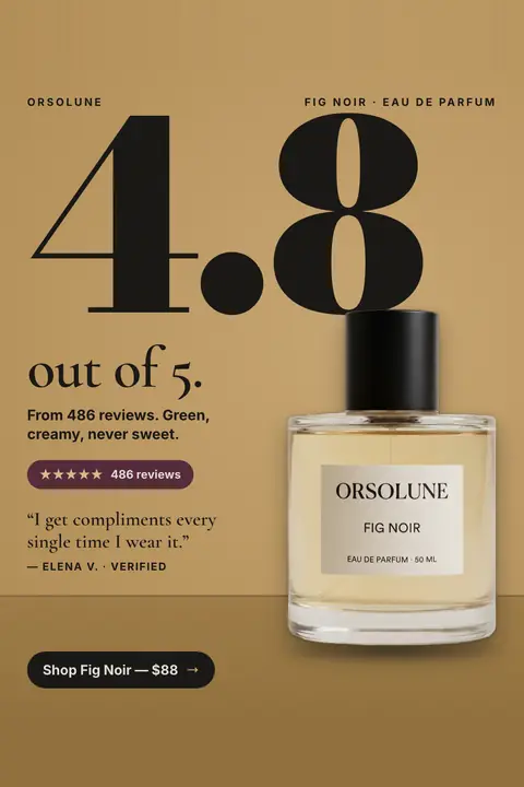 Golden tan Orsolune ad: '4.8 out of 5.' with a huge black 4.8, 'From 486 reviews. Green, creamy, never sweet.', a five-star 486 reviews pill, a quote from Elena V., a Fig Noir bottle and a 'Shop Fig Noir, $88' button. Shown here in the 2:3 Pinterest size.