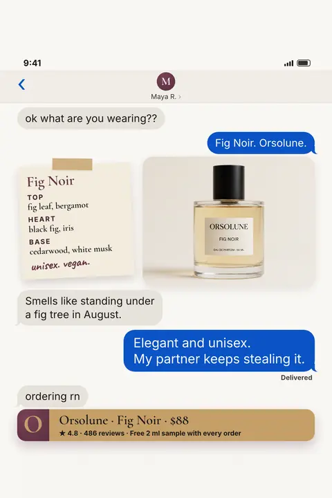 Cream text-message Orsolune ad: 'My partner keeps stealing it.' A chat with Maya R. shows a Fig Noir bottle photo, a taped note of scent notes marked unisex and vegan, 'ordering rn', and a bar: $88, 4.8, 486 reviews, free 2 ml sample. Shown here in the 2:3 Pinterest size.