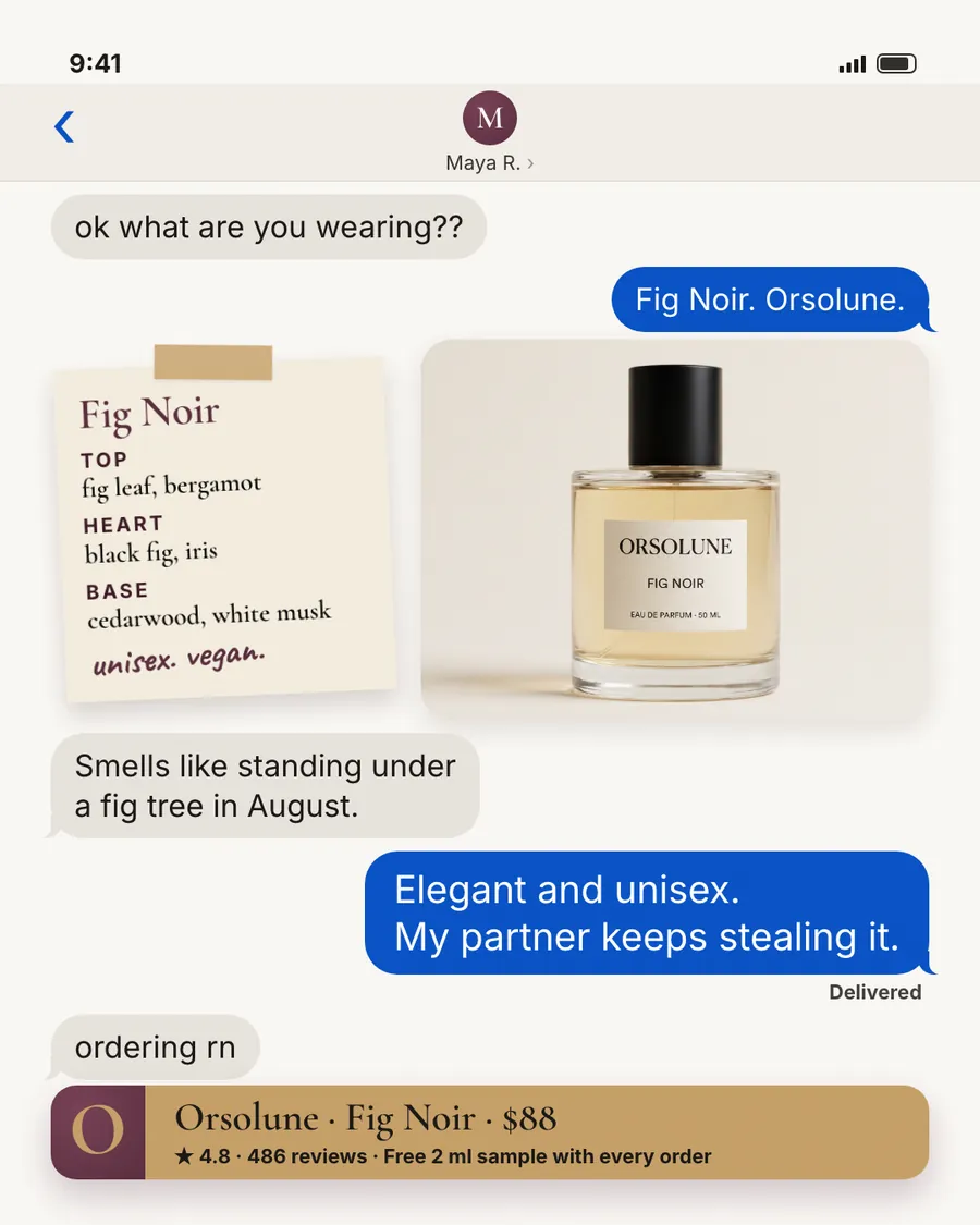 Cream text-message Orsolune ad: 'My partner keeps stealing it.' A chat with Maya R. shows a Fig Noir bottle photo, a taped note of scent notes marked unisex and vegan, 'ordering rn', and a bar: $88, 4.8, 486 reviews, free 2 ml sample.