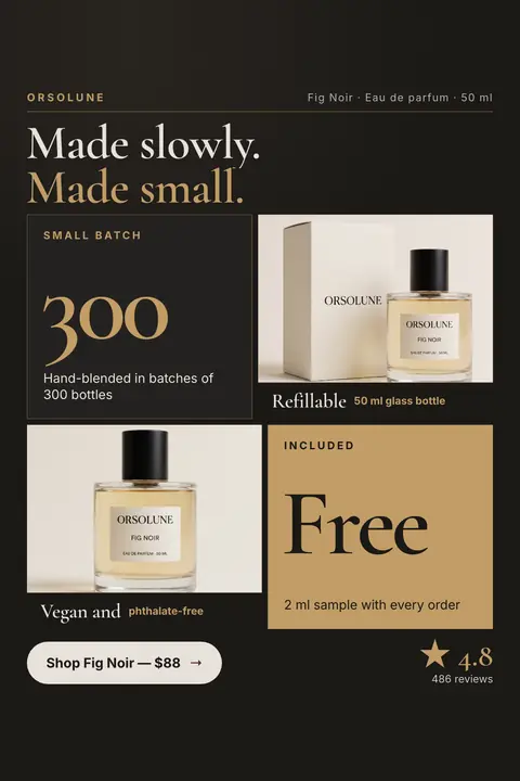 Near-black Orsolune ad: 'Made slowly. Made small.' above a grid with a big 300 for hand-blended batches, two Fig Noir bottle photos, a gold 'Free' 2 ml sample tile, a 'Shop Fig Noir, $88' button and 4.8 from 486 reviews. Shown here in the 2:3 Pinterest size.