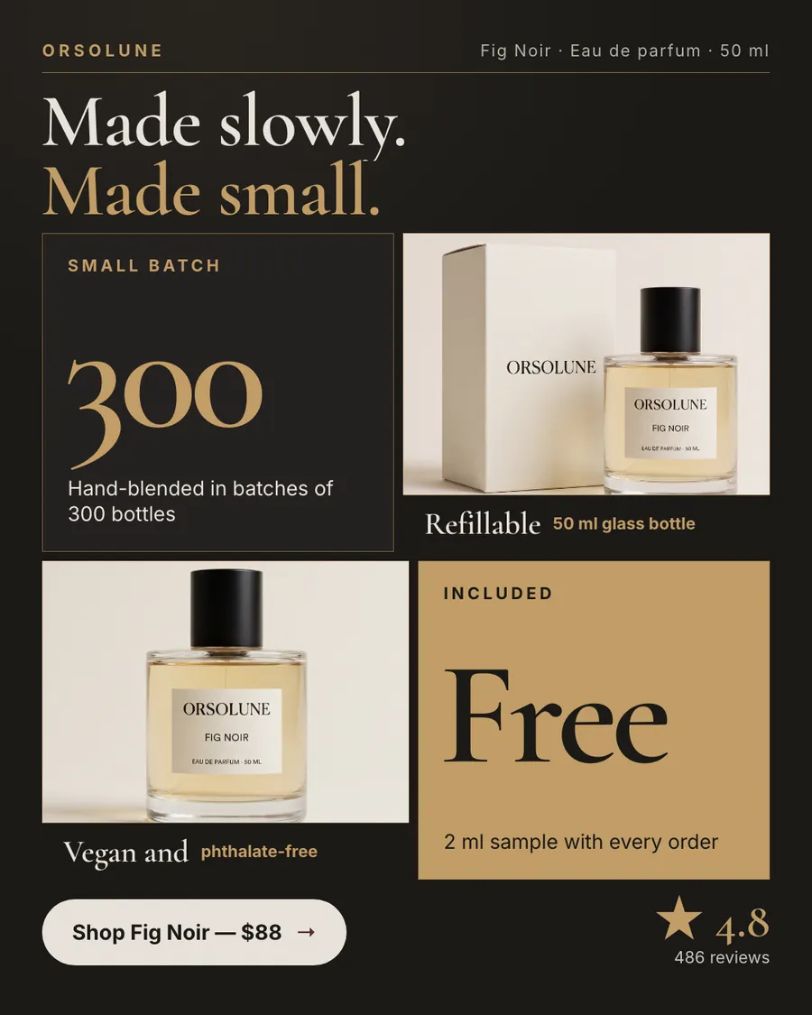 Near-black Orsolune ad: 'Made slowly. Made small.' above a grid with a big 300 for hand-blended batches, two Fig Noir bottle photos, a gold 'Free' 2 ml sample tile, a 'Shop Fig Noir, $88' button and 4.8 from 486 reviews.