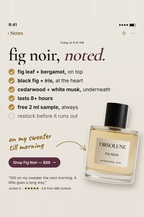 Warm beige Orsolune ad styled like a phone note: 'fig noir, noted.' above a checklist of scent notes, 8+ hours and a free 2 ml sample, a Fig Noir 50 ml bottle, a 'Shop Fig Noir, $88' button and a 4.8 review quote. Shown here in the 2:3 Pinterest size.