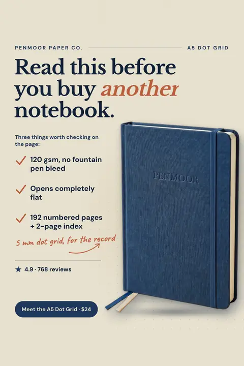 Cream Penmoor Paper Co. ad: 'Read this before you buy another notebook.' with three checkmarked paper facts, a handwritten note about the 5 mm dot grid, 4.9 from 768 reviews, a blue linen notebook photo and a 'Meet the A5 Dot Grid · $24' button. Shown here in the 2:3 Pinterest size.
